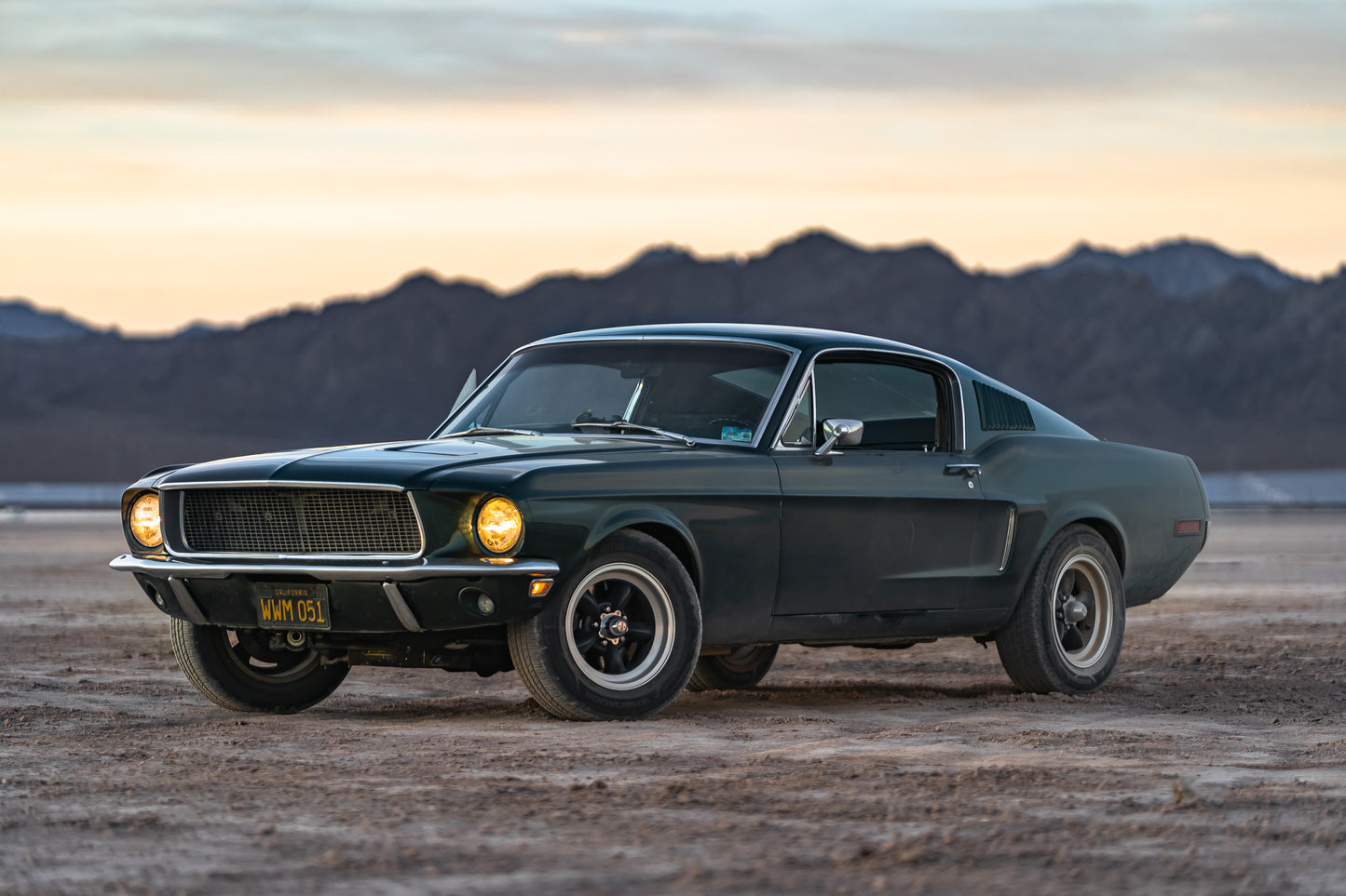 Bullitt Mustang in the Desert at Sunset